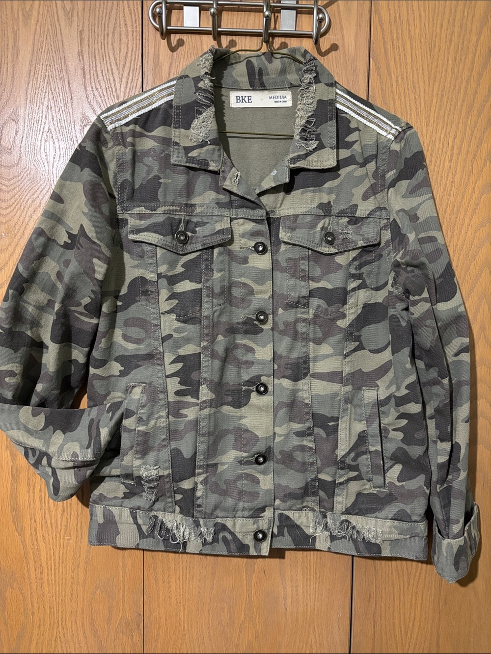 BKE buckel camo distressed denim jacket sequin stripes on shoulders medium